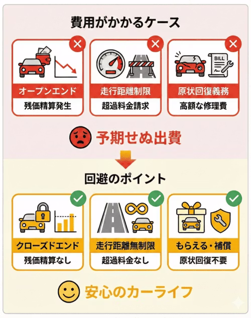 カーリースの契約における費用発生リスクと、それを回避するためのポイントを解説する画像。費用がかかるケースとして、オープンエンド方式の契約での残価精算、走行距離制限による超過料金、原状回復義務による高額な修理費があり、これらは予期せぬ出費につながる。回避のポイントとして、残価精算のないクローズドエンド方式の契約、走行距離無制限のプラン、車がもらえるまたは補償があるプランを選ぶことを挙げ、これらによって安心のカーライフを送れることを示している。