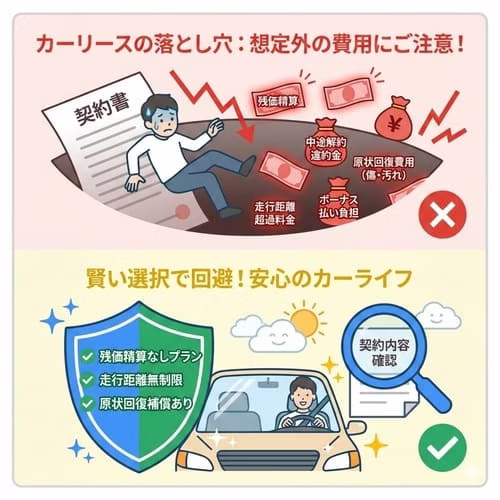 カーリースでよくある失敗について解説している画像。残価精算、中途解約の違約金、走行距離の超過料金、原状回復費用、ボーナス払いの負担など、実際の失敗談や後悔した方の声を基に、想定外の費用がかかる可能性があることに注意が必要だと示している。一方で、カーリースやプランを賢く選べば、失敗を防げるということも説明している。