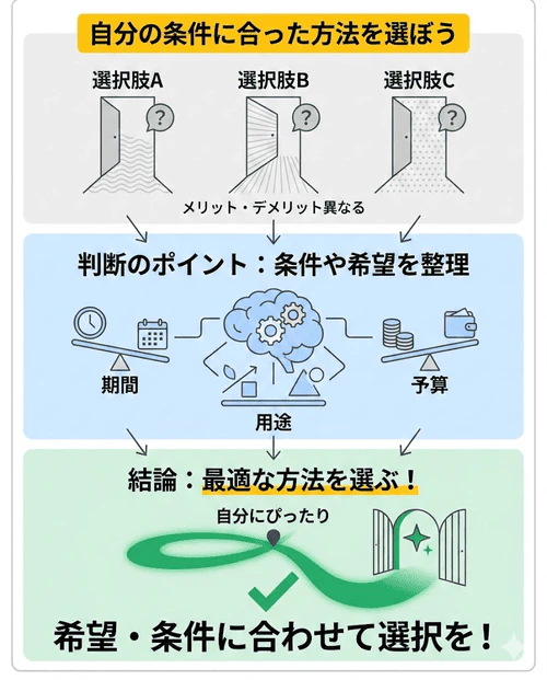 車を持つ方法には、一括払いまたはカーローンで購入する方法や、カーリースがあり、それぞれメリット・デメリットが異なる。どれが適しているかは、車が必要な期間や用途、ライフステージによって変わるため、 自身が車に求める条件や希望を整理して、最適な方法を選ぶことが大切であることを解説する画像。