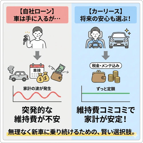 自社ローンは、事情があってローンが組めない方にとって、車を持つための頼れる選択肢のひとつだが、長く乗り続けるには、突発的な故障や車検などの「維持費」とも付き合っていく必要があり、そうした将来の出費に対する不安を少しでも減らしたいなら、「カーリース」も検討候補に入れてみるのがおすすめであることを解説する画像。
