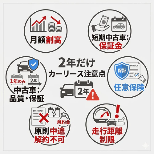 2年間の短期カーリース利用における6つの注意点（割高な月額料金、中古車リースの保証金、車両品質と保証の確認、任意保険の加入、中途解約不可のリスク、走行距離制限）をまとめて解説する画像。