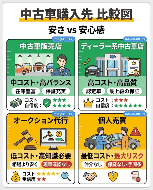 中古車の購入先として「中古車販売店」「ディーラー系中古車店」「オークション代行」「個人売買」の4つを挙げ、それぞれの価格傾向や品質の高さ、保証の有無、トラブルリスクなどの特徴を比較して解説する画像。