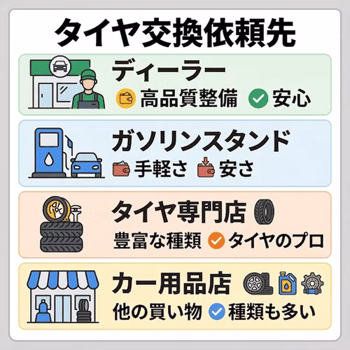 タイヤ交換依頼先：ディーラーは高品質整備で安心。ガソリンスタンドは手軽で安い。タイヤ専門店は豊富な種類でタイヤのプロ。カー用品店はほかの買い物もでき種類も多い。