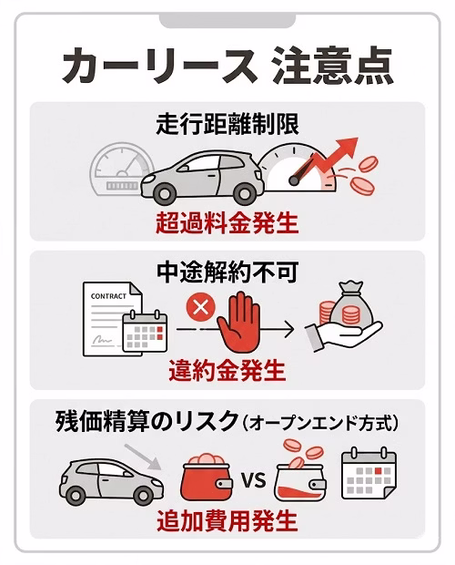軽自動車のカーリース契約における3つの主要な注意点（走行距離制限、中途解約の制限、残価精算方式の違い）を解説する画像。超過料金や違約金のリスク、契約方式による追加精算の有無など、契約前に確認すべきリスク回避のポイントを整理している。