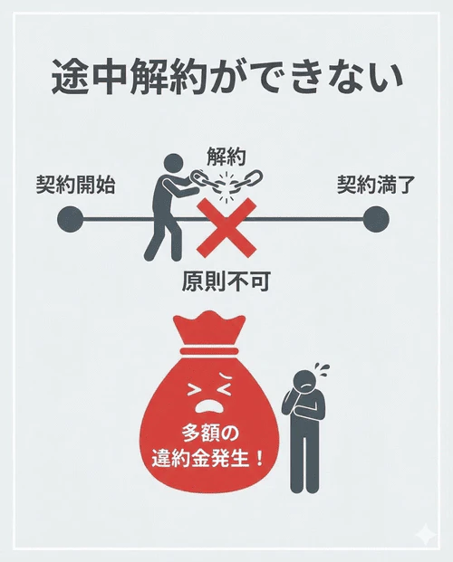 カーリースは原則として契約途中での解約が認められておらず、解約時に残りの期間分の料金を違約金として請求されるリスクがあることを解説する画像。