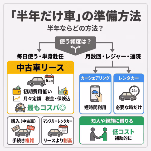 「半年だけ車」の準備方法。半年ならどの方法？使う頻度は？毎日使う・単身赴任なら中古車リース（6ヶ月）は初期費用が低く月々定額・税金保険込みで最もコスパ◎。月数回・レジャー・通院ならカーシェアリングは短時間利用、レンタカーは必要な時だけ。購入（中古車）は手続きが複雑、マンスリーレンタカーはリースより割高、知人や親族に借りるなら低コストで補助的に。