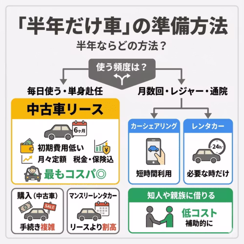 「半年だけ車」の準備方法。半年ならどの方法？使う頻度は？毎日使う・単身赴任なら中古車リース（6ヶ月）は初期費用が低く月々定額・税金保険込みで最もコスパ◎。月数回・レジャー・通院ならカーシェアリングは短時間利用、レンタカーは必要な時だけ。購入（中古車）は手続きが複雑、マンスリーレンタカーはリースより割高、知人や親族に借りるなら低コストで補助的に。