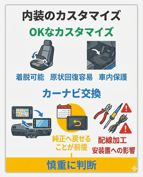 カーリースの内装カスタマイズについて、着脱可能で原状回復が容易なシートカバーやフロアマットは問題なく利用できる一方、カーナビ交換は純正に戻せることが前提となり、配線加工を伴う場合は他機能への影響を考慮し慎重に判断すべきであることを解説する画像。