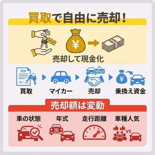 リース車を買い取って自分の所有物にすることで、将来的に車を自由に売却して現金化したり、次の車の購入資金に充てたりできる自由度の高さを解説する画像。