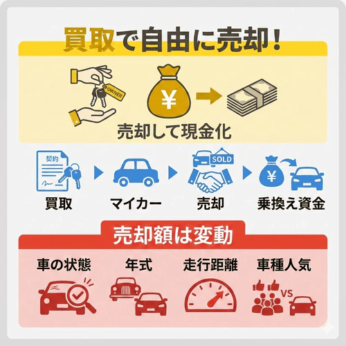 リース車を買い取って自分の所有物にすることで、将来的に車を自由に売却して現金化したり、次の車の購入資金に充てたりできる自由度の高さを解説する画像。