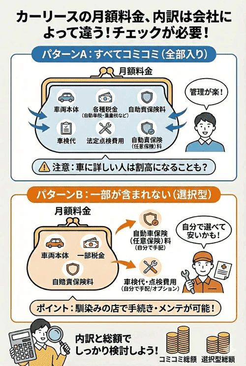 カーリースの月額料金に含まれる維持費の内訳は会社ごとに異なるため、詳細をしっかり確認し、家計管理が楽なすべてコミコミのプランか、一部を自分で手配して費用を抑えるプランか、トータルコストで比較検討すべきであることを解説する画像。