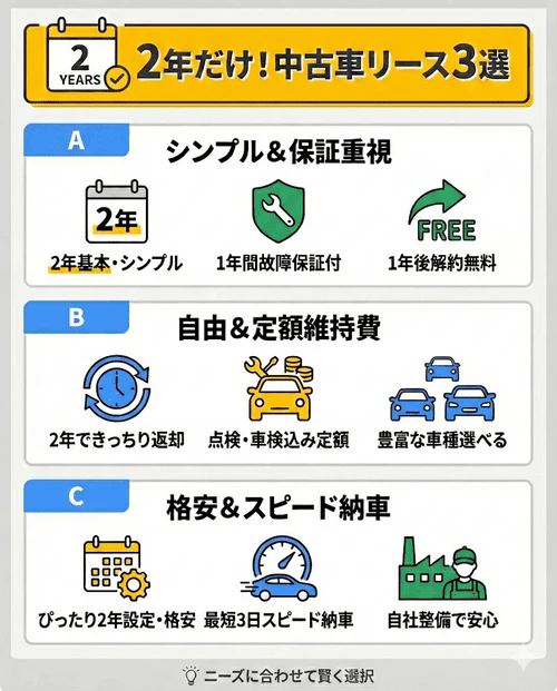 2年間の利用におすすめの中古車リースとして、「短期カーリース カルモくん」「ニコリース」「ニチゴカーリース」の3社を挙げ、それぞれの契約期間の特徴や保証・サポート内容などをまとめた画像。