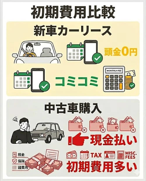 新車カーリースと中古車購入の初期費用を比較