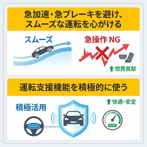 燃費を向上させるための具体的な乗り方・使い方として、「急加速・急ブレーキを避け、スムーズな運転を心がける」ことと、「運転支援機能を積極的に使う」ことを解説する画像。