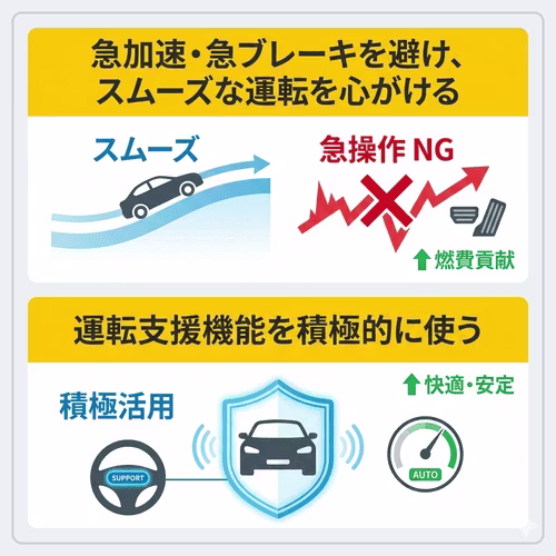 急加速・急ブレーキを避けたスムーズな運転と、運転支援機能の積極活用という2つの燃費向上テクニックを並べて比較。スムーズ走行と急操作NGの違い、運転支援機能による快適・安定走行の効果が読み取れる構成。