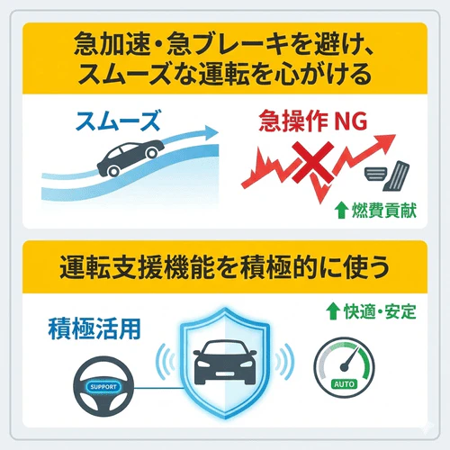 燃費を向上させるための具体的な乗り方・使い方として、「急加速・急ブレーキを避け、スムーズな運転を心がける」ことと、「運転支援機能を積極的に使う」ことを解説する画像。