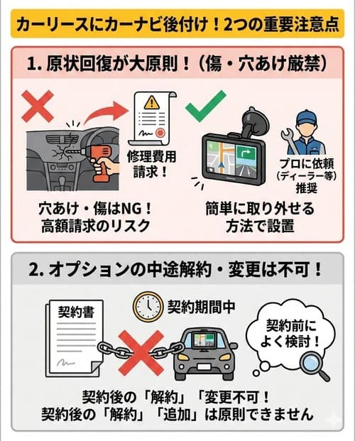 カーリースの車にカーナビを取り付けるときに気を付けること