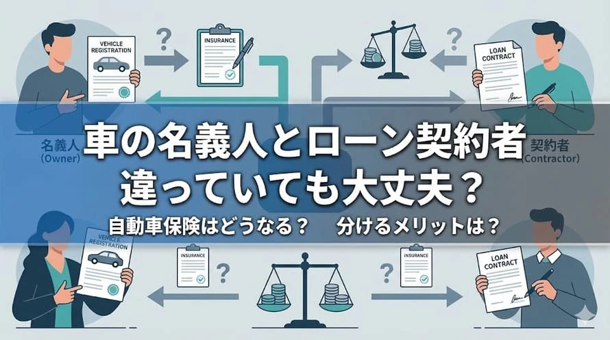 車の名義人とローン契約者をあえて分けたい場合、それが問題ないのかいくつかの事例を基に解説し、車の名義人とローン契約者を別々にする際に知っておきたい自動車保険や名義変更手続きの注意点なども紹介する記事のタイトル画像