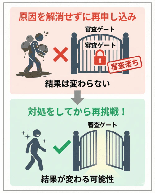 カーリースの審査に落ちた原因を解消せずに申し込んでも結果は変わらないので、対処をしてから再挑戦することが大切であることを表す画像。