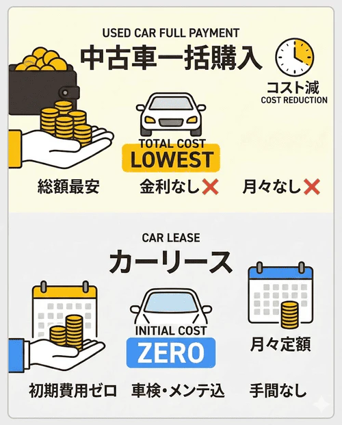 車に安く乗る2つの結論として、費用の総額を最小限に抑えたい場合は「中古車の一括購入」、初期費用ゼロで月々の定額負担や維持の手間を省きたい場合は「カーリース」がおすすめであることをそれぞれのメリットとともに解説した画像。