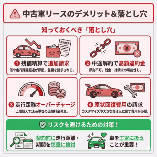 中古車リースの落とし穴は、残価精算での追加請求、中途解約の高額違約金、走行距離オーバーチャージ、原状回復費用の請求。契約前に走行距離・期間を慎重に検討し、車を丁寧に扱うことが大切。