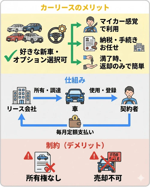 カーリースの仕組みとして、好きな新車を選んで定額でマイカー感覚で利用でき、車の所有権はリース会社にあるため納税の手続きや返却時の煩雑な手間が省けることを解説する画像。