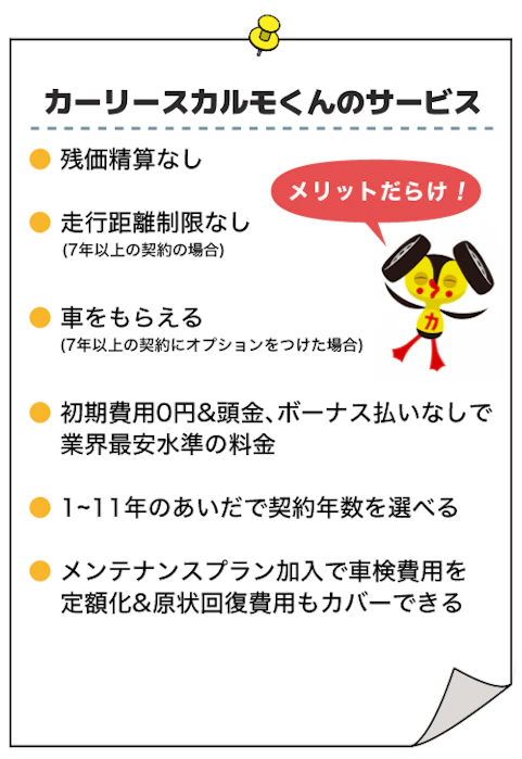 定額カルモくんは、残価精算なし、初期費用0円、頭金・ボーナス払いなし、契約年数やプランの選択肢が多いメリットだらけのサービスで専門家からも高い評価を得ているというまとめ図