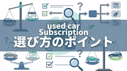 中古車のサブスクリプションサービスについて、おすすめ7社の特徴や料金を比較し、自分の希望に合うサブスクを選ぶためにチェックしておきたいポイントや、サブスクで中古車に乗るメリット・デメリットについて解説していることを表すタイトル画像