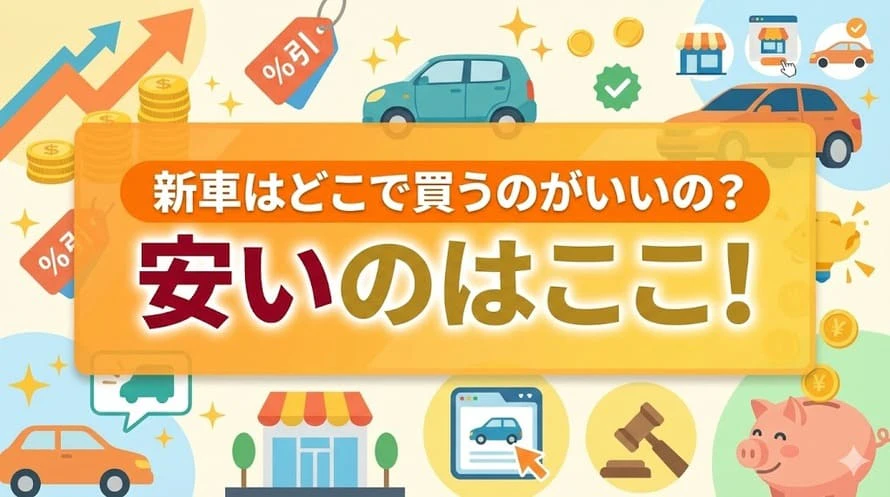 新車は、ディーラーやサブディーラーなどで購入できるが、購入先ごとのメリット・デメリットを紹介し、どこで買うのが安いのかについて解説していることを表すタイトル画像。