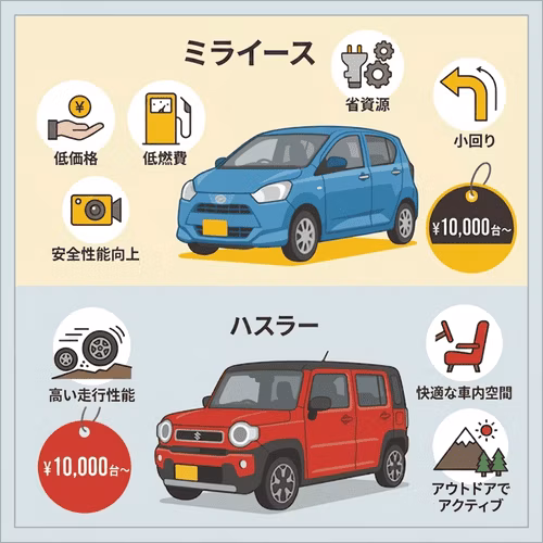 ミライースは低価格、低燃費、省資源、安全性能向上、小回りが特長で10,000円台から。ハスラーは高い走行性能、快適な車内空間、アウトドアでアクティブに使える点が特長で10,000円台から。
