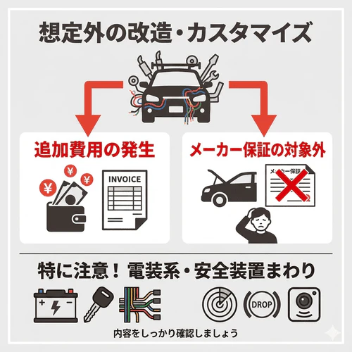 カーリースのカスタマイズにより追加費用が発生したりメーカー保証の対象外になったりするリスク、特に電装系や安全装置への改造が保証に直結するため契約内容の確認が重要であることを解説する画像。