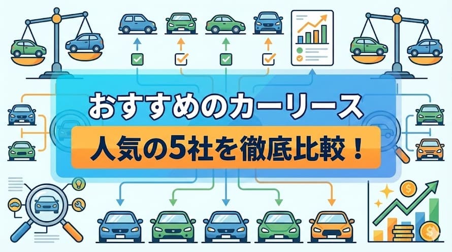 個人向けカーリース各社のサービス内容や特徴、どこがいいか迷ったときの選び方のポイントなどを利用者の口コミを交えながら解説する記事のタイトル画像 