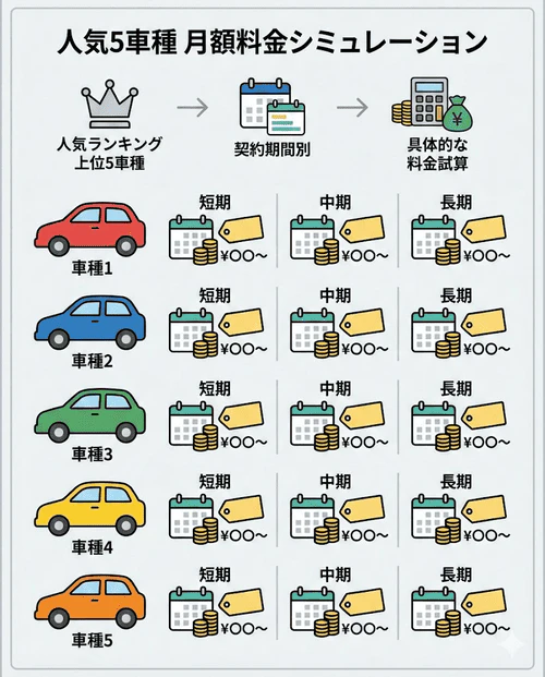 カーリースカルモくんの人気上位5車種をピックアップし、契約期間ごとの具体的な月額料金をシミュレーションして紹介する画像。