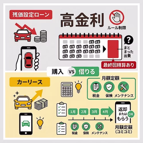 残価設定ローンは高金利・ルール制限・最終回精算ありでまとまった出費が必要なのに対し、カーリースは月額定額（税金・保険・メンテ込み）で家計の見通しが立ち、契約満了時には返却またはもらうを選べる。