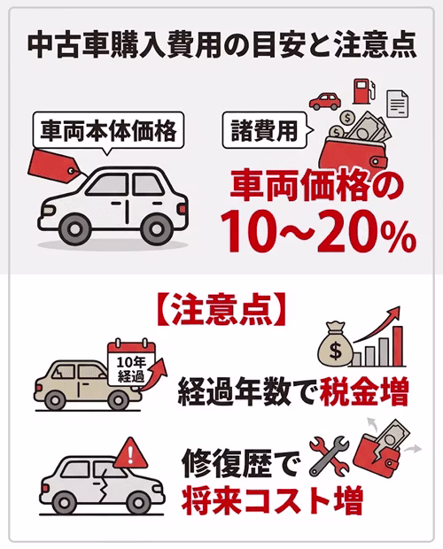 中古車の購入時にかかる費用の内訳と、購入前に確認すべき注意点をまとめた図解。車両本体価格以外に必要な「法定費用」や「その他費用」の構成、また新車登録からの経過年数による税金の変動や、修復歴に伴う将来的なコスト増のリスクなど、購入時の総額を見据えた確認ポイントを解説している。