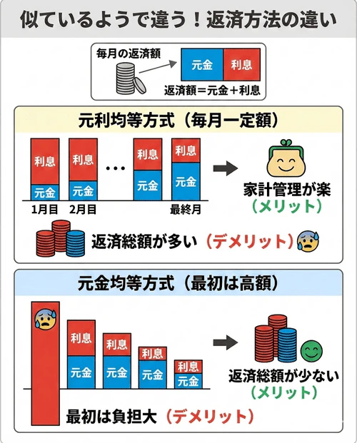 マイカーローンの返済方法である「元利均等方式」と「元金均等方式」の違いについて、毎月の返済額が一定で管理しやすい反面総額が高くなる前者と、元金の減りが早く総額を抑えられるが当初の負担が大きい後者のメリットや注意点を比較解説する画像。