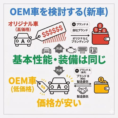 新車を安く買うコツとして、基本的な性能や装備はオリジナルの車種と同じでありながら価格が安い傾向にある「OEM車（他メーカーに製造を委託し自社ブランドで販売する車）」を検討する方法を解説する画像。