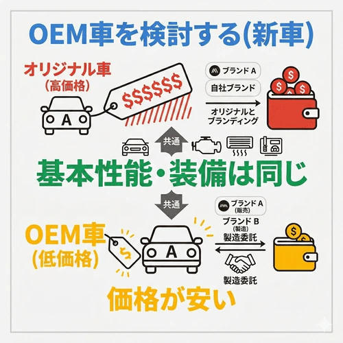 新車を安く買うコツとして、基本的な性能や装備はオリジナルの車種と同じでありながら価格が安い傾向にある「OEM車（他メーカーに製造を委託し自社ブランドで販売する車）」を検討する方法を解説する画像。