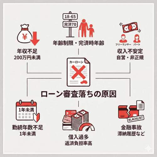 車のローン審査に通らない理由と、車ローン審査に通らない人の共通点について解説している画像。審査に落ちる原因として、年収が審査基準（目安200万円程度）に満たないこと、年齢制限の対象外であること、非正規雇用など収入が不安定とみなされること、勤続年数1年未満であること、他社借入れが多く返済負担率が高い借入過多の状態、過去の滞納など信用情報に事故情報がブラックリストとして残っていることの6つを示している。