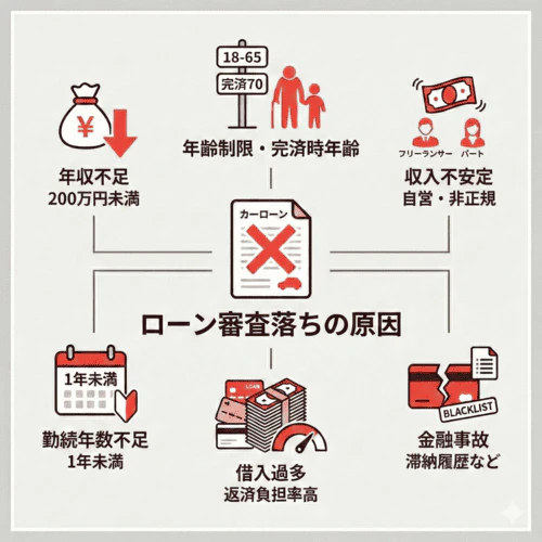 車のローン審査に落ちてしまうおもな原因について解説する画像。審査に通らない理由として、年収が審査基準（目安として200万円程度）に満たない、申込時や完済時の年齢が金融機関の定める制限対象外であること、自営業や非正規雇用（フリーランスやパートなど）で収入が不安定とみなされること、現在の職場での勤続年数が1年未満と短いこと、他社からの借入額が多いまたは返済負担率が高い借入過多の状態、過去の滞納履歴といった金融事故情報がブラックリストとして信用情報機関に残っていることが挙げられている。これら6つの要素がローン契約ができない要因として示されている。