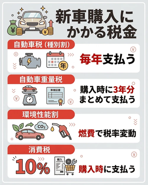 際に新車を購入するとどのような税金がかかる？