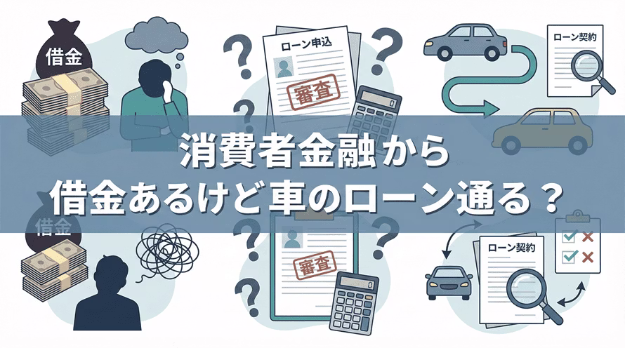 消費者金融から借金があるけど車のローン通るのかどうかについて解説する記事のタイトル画像。車のローンの審査基準と審査のハードルを下げる5つの対策について説明している。また、キャッシングしてても車のローン組めるか不安に感じている方に向けて、車のローンが組めない原因となる状態や、ローン以外の方法で車を持てる可能性について解説している。