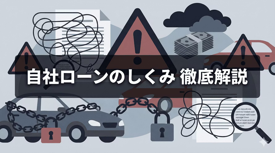 自社ローンは怖い、やめた方がいいといわれる理由と、自社ローンのメリットデメリットについて、実際に利用した方の体験談と併せて解説する記事のタイトル画像。金利がない仕組みの半面、手数料や保証料が上乗せされる点や車の選択肢が少ないことなど、注意したいポイントと、怖い思いをせずにより手軽に新車を持てる方法も紹介している。