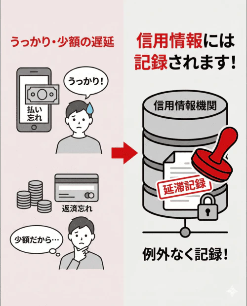 携帯電話の料金を一度払い忘れた、少額のキャッシングを返済し忘れたなど、自分としてはうっかりしただけと感じている返済遅延などであっても信用情報には記録され、カーリースの審査に影響することを表す画像。