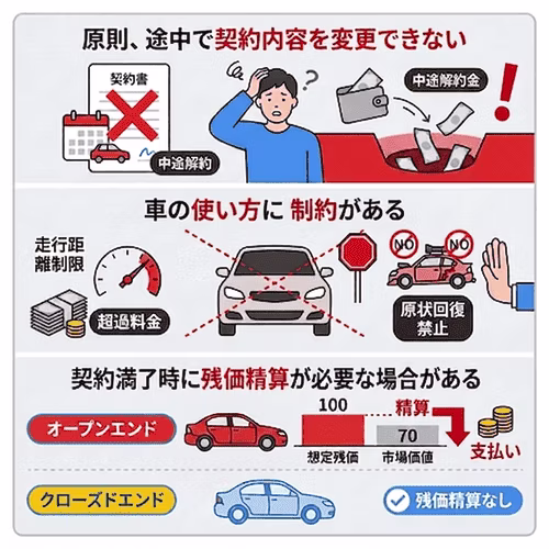 車のサブスクのデメリット3つは、原則途中で契約内容を変更できない、車の使い方に制約がある、契約満了時に残価精算が必要な場合がある