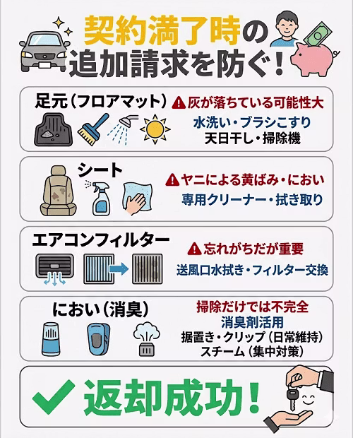 カーリースの契約満了時に追加請求を防ぐ4つの車内清掃ポイント。足元（フロアマットの灰）は水洗い・ブラシこすり・天日干し・掃除機、シート（ヤニ・におい）は専用クリーナーや拭き取り、エアコンフィルターは送風口の水拭きと交換、におい対策は消臭剤の据置き・クリップ・スチームを使い分ける。