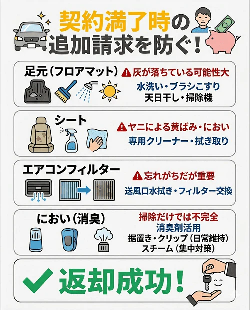 カーリースの契約満了時に追加請求を防ぐための、4つの車内清掃ポイントを解説する画像。「足元（フロアマットの灰）」「シート（ヤニ・におい）」「エアコンフィルター（交換）」「におい（消臭剤・スチーム）」の具体的なメンテナンス方法を紹介し、返却を成功させるコツをまとめている。