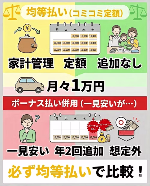 カーリースにおける「均等払い」と「ボーナス払い併用」の仕組みの違いと、プラン比較時の注意点をまとめた図解。毎月一定の金額を支払う均等払いの特徴（家計管理のしやすさなど）と、月々の支払額を低く抑える代わりに年数回の増額月が発生するボーナス払い併用の特徴を解説。各社の料金を正しく比較するためには、支払い条件を統一して確認することの重要性を整理している。