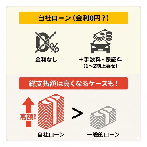 自社ローンは金利の代わりに手数料や保証料として車両本体価格の1～2割程度の金額を上乗せする販売店がほとんどで、これらを含めた総支払額では、金利のかかる一般的なローンよりも高額になってしまうケースも見られることを解説する画像。