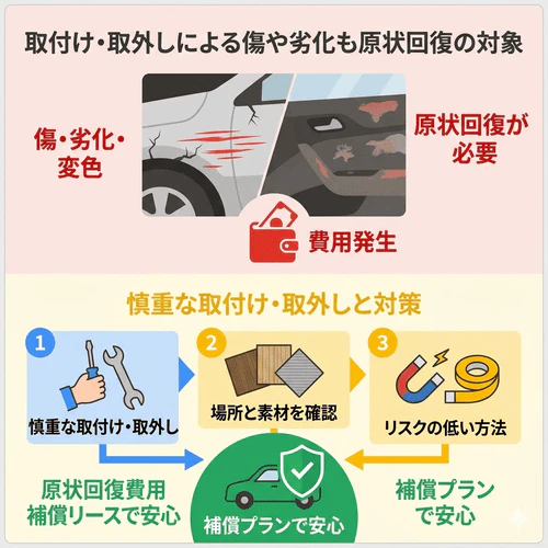 カーリースのカスタマイズにおいて、許容範囲内であっても長期間の使用による変色や取り外し時の傷が原状回復の対象になるため、慎重な作業とリスクの低い方法の検討が重要であることを解説する画像。